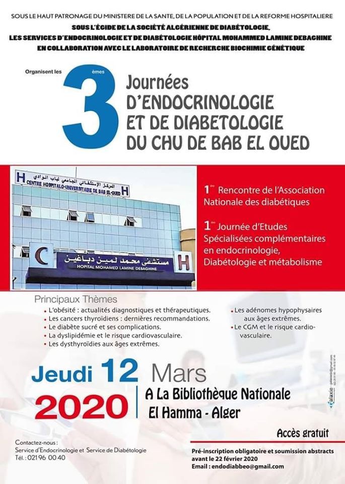 3èmes journées d'endocrinologie et de diabétologie du CHU de Bab El Oued -12 mars 2020 affiche