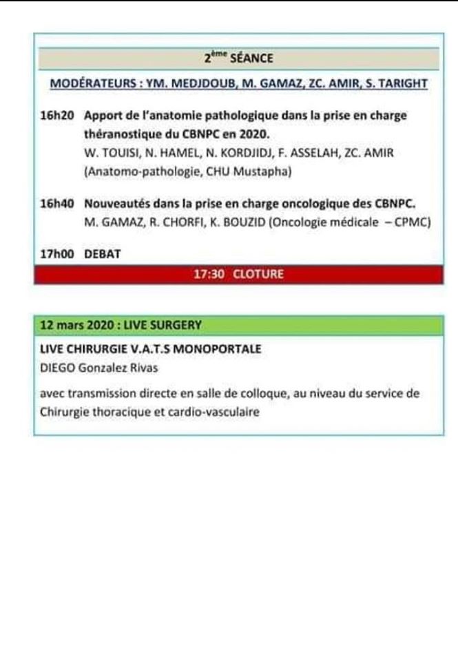 Premières journées scientifiques de la R.C.P-Thorax- 11, 12 mars 2020 à Alger programme