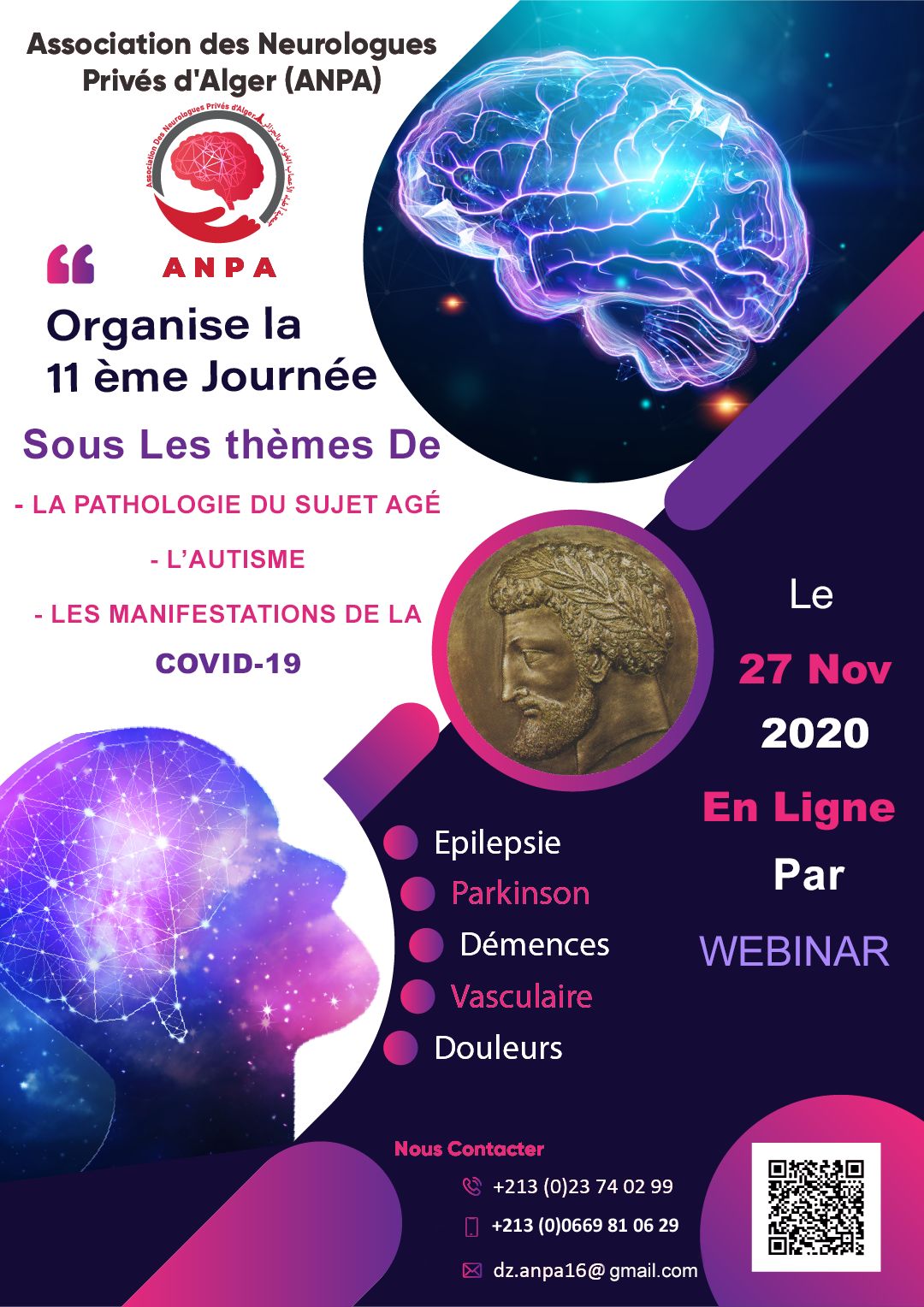 11 éme Journée de  l'Association des Neurologues Privés d’Alger  "ANPA"   en ligne par Webinar  -  27 Novembre 2020 affiche