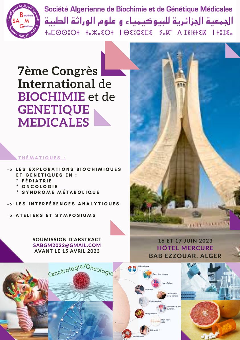 7éme congrès international de Biochimie et de Génétique médicales le 16 et 17 Juin 2023 A l'Hotel Mercure -Alger- affiche