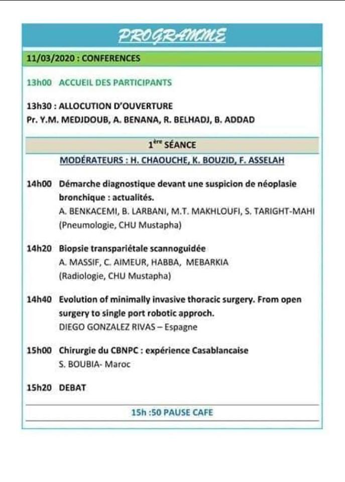 Premières journées scientifiques de la R.C.P-Thorax- 11, 12 mars 2020 à Alger programme