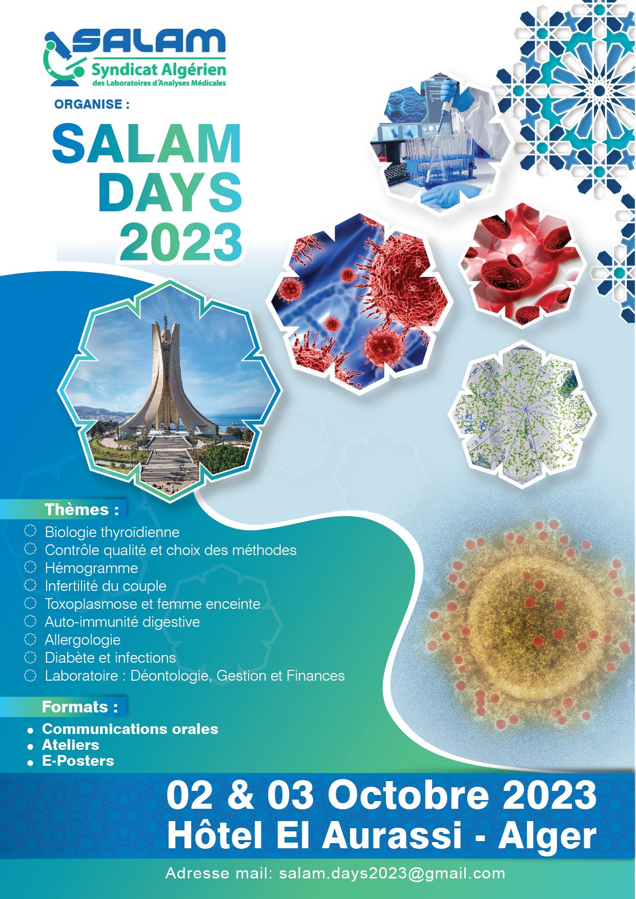 2 éme édition  SALAM DAYS 2023 du Syndicat Algérien des Laboratoires d’Analyses Médicales  les 02 & 03 Octobre 2023 à l'Hôtel El Aurassi - Alger affiche